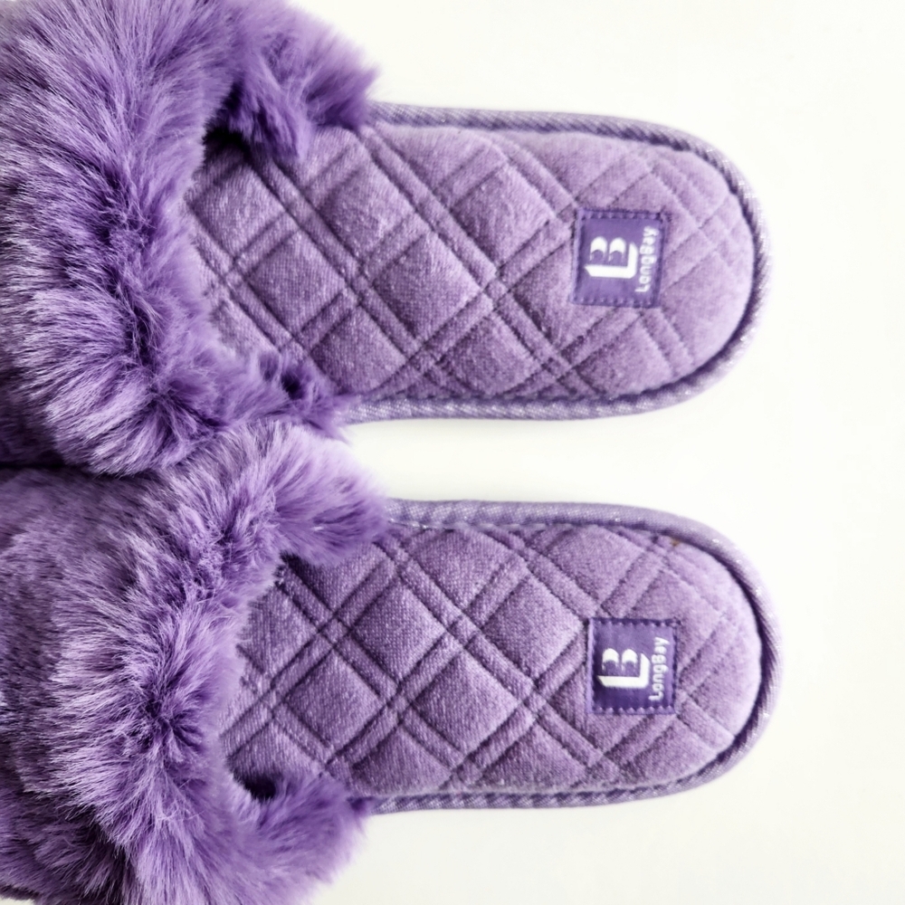 LongBay New Purple Faux Fur Slippers, Cushioned Luxury Slides, Size Large 9 - Picture 6 of 14